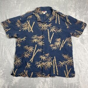 Hilo Hattie Hawaii Shirt Men 2XL Blue Silk Tropical Print Short Sleeve Button Up